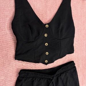 Black Button-Up Crop Top and Pants Set